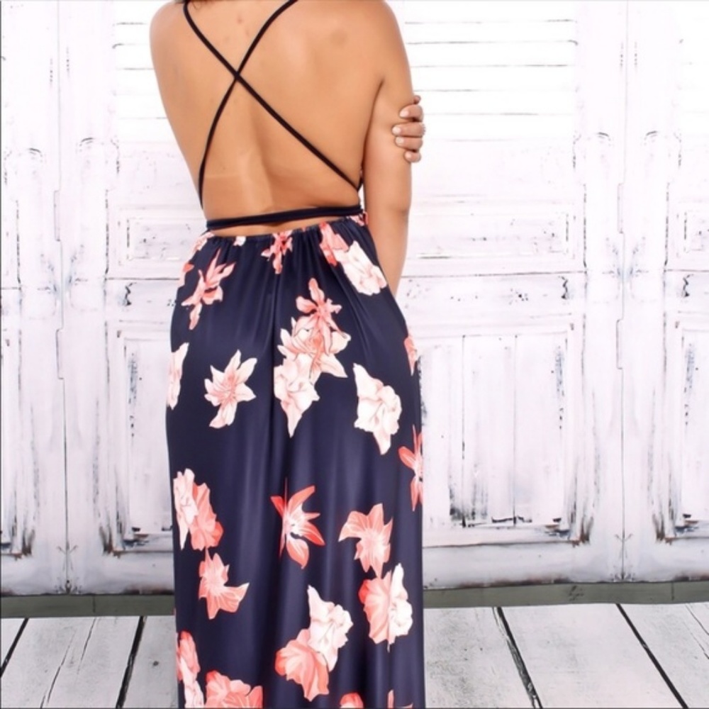 1 LEFT SZ L! Floral Open Back High Slit Maxi Dress - Picture 3 of 8
